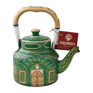 Kaushalam Hand Painted stainless steel induction top Tea Kettle - The city palace Jaipur, Emerald green tea kettle, Mother’s Day gift