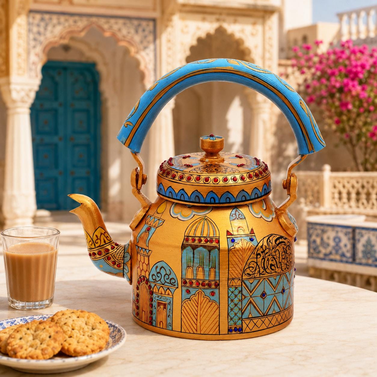 Luxury Hand Painted Mughal Tea Kettle, Islamic Art Serving Teapot