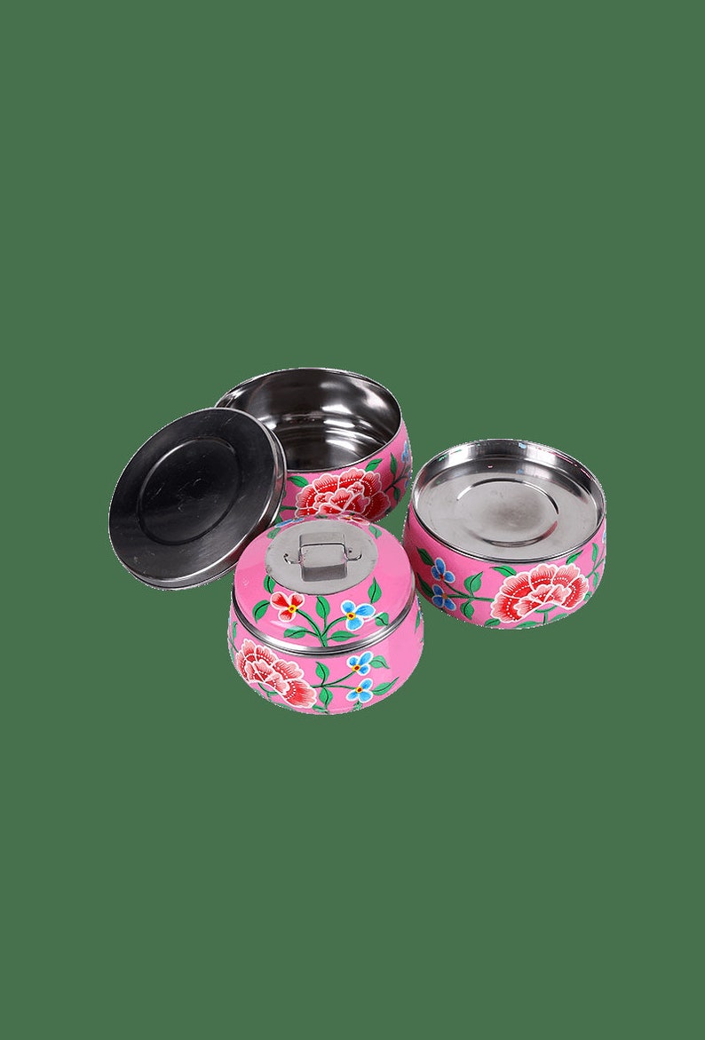 Kaushalam Hand Painted 3 Tier Lunch Box, Indian Dabba, Stainless Steel Eco-Box, 3 Food Containers Tiffin, Food Grade Containers image 10