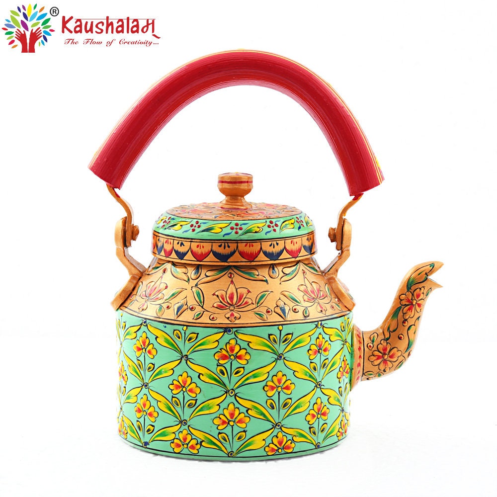 Kaushalam Hand Painted Chai Tea Kettle For Serving And Home Decor,  Traditional Decorative Teapot, 1L
