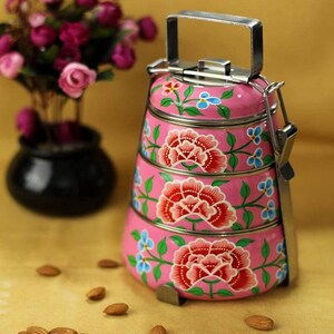 Kaushalam Hand Painted 3 Tier Lunch Box, Indian Dabba, Stainless Steel Eco-Box, 3 Food Containers Tiffin, Food Grade Containers Dark Pink