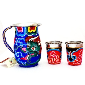 Hand Painted water jug set with Glasses, Beverage Pitcher, Stainless Steel, Art Of Leh- Ladakh, Buddhist Art, Dragon Jug set