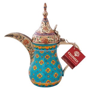 Hand Painted Brass Coffee pot- Arabic Dallah,Turquoise ,Gold With Crystals, Kashmiri Kahawa kettles, Diwali gift, Ramadan gift