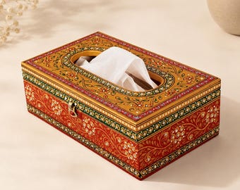 Hand Painted Tissue Box: Red & Gold Mughal Art, Wooden Tissue Holder
