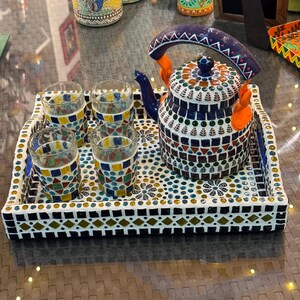 Kaushalam Hand Crafted Mosaic Tea set with tray and 6 Tea Glasses : Festive Gift, Gift for Her, A prefect gift combo, Housewarming gift,