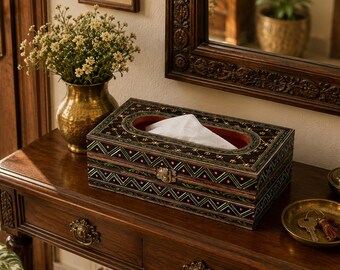 Hand Painted Tissue Box: Black Mughal Art Wooden Holder