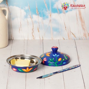 Hand-Painted Stainless Steel Butter Dish: Mughal Floral Design