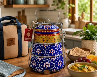 Hand Painted Indian Tiffin Carrier: 3-Tier Stainless Steel Lunch Box