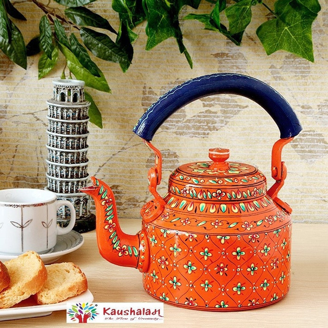Kaushalam Hand Painted Chai Tea Kettle For Serving And Home Decor,  Traditional Decorative Teapot, 1L