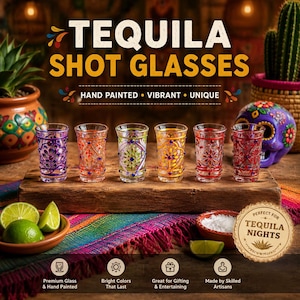 May include: Six clear glass shot glasses arranged on a wooden block, each featuring hand-painted floral and geometric patterns in purple, orange, green, yellow, red, and pink. The text TEQUILA SHOT GLASSES is displayed above the glasses.