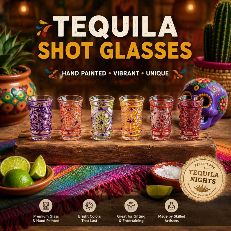 May include: Six clear glass shot glasses arranged on a wooden block, each featuring hand-painted floral and geometric patterns in purple, orange, green, yellow, red, and pink. The text TEQUILA SHOT GLASSES is displayed above the glasses.