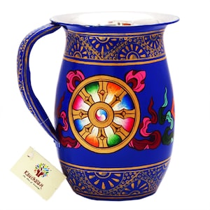 Hand Painted Water Jug, Beverage Pitcher, Stainless Steel, Artform Of Ladakh, Buddhist Art, Conch - Wheel Painting, Buddhist Symbol