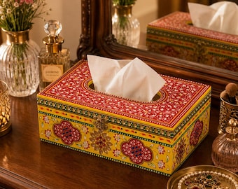 Hand Painted Tissue Box: Mughal Art Embossed Wooden Holder