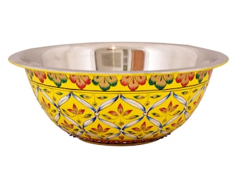 Hand Painted Stainless Steel Salad Bowl, Serving Bowl, Vegetable, Chips Serving Dish, Deep Mixing Bowl,  Popcorn Bowl