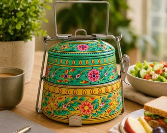 Op de afbeelding: Een tiffin-trommel van metaal met twee lagen en een handgeschilderd bloemmotief. De bovenste laag is groen met roze bloemen, terwijl de onderste laag geel is met oranje bloemen. Het heeft een zilverkleurig metalen handvat en een sluiting.