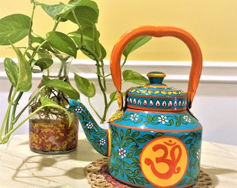 Kaushalam Hand Painted stainless steel induction tea kettle- “Om Shanti” spiritual painting kettle, positive vibes tea pot, green tea