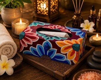 Hand Painted Floral Tissue Box Cover: Mughal Art Decor