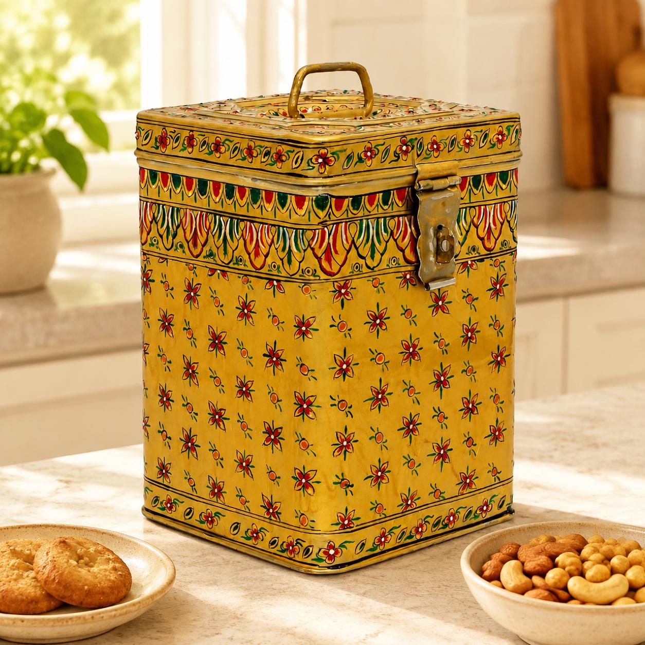 Hand Painted Steel Canister: Indian Mughal Art Kitchen Storage Tin