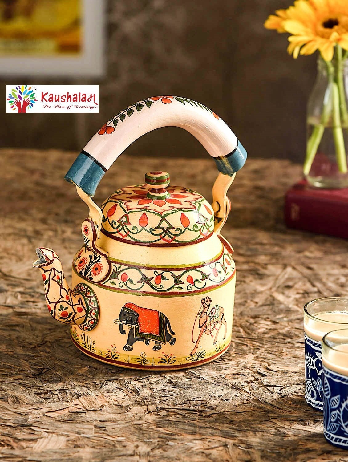 Kaushalam Hand Painted Tea Kettle : Pink City, Festive Gift, Gift for Her,  Mughal Art Tea Pot, Induction Tea Kettle, Mother's Day Gift 