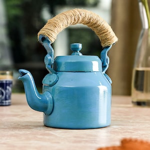Théière peinte à la main, bouilloire à thé bleue unie, bouilloire d'art indien, théière rouge, théière orange