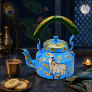 May include: A light blue metal tea kettle featuring a hand-painted white cow and gold and green peacock feather motifs. The kettle has a matching lid with a small knob and a curved handle painted in shades of green and gold.