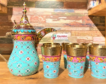 Hand painted Brass Arabic Dallah Coffee Pot with Set of 6 Brass Glasses, Spring Décor, Kahwa Kettles, Brass Tumblers, Christmas Gift