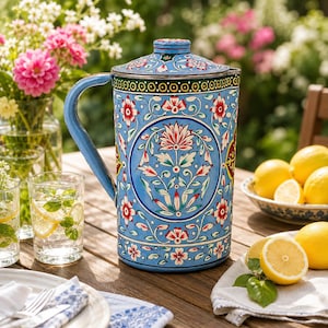Brocca per l'acqua dipinta a mano con coperchio: arte Mughal blu cielo, 2 litri