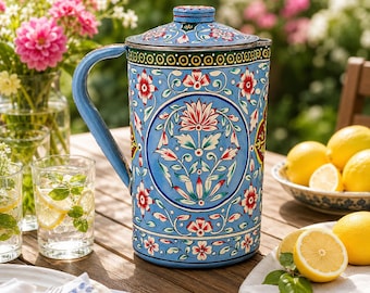 Hand Painted Water Pitcher with Lid: Sky Blue Mughal Art, 2 Liter