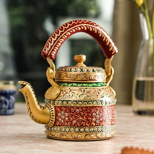 Hand Painted Steel Induction Tea Kettle - Majestic Christmas Gift Tea Pot, Aluminium Tea Pot, Hand Designed Indian Tea Kettle