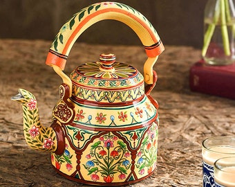Hand Painted Tea Kettle: Mughal Art, Pink City Design
