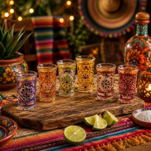 May include: Six clear glass shot glasses decorated with intricate, colorful hand-painted floral and geometric patterns in blue, orange, green, yellow, and red, arranged on a rustic wooden board with fresh lime wedges and a salt dish.