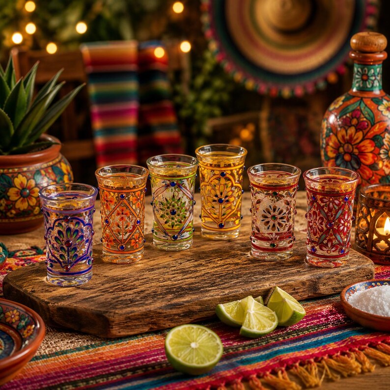 May include: Six clear glass shot glasses decorated with intricate, colorful hand-painted floral and geometric patterns in blue, orange, green, yellow, and red, arranged on a rustic wooden board with fresh lime wedges and a salt dish.
