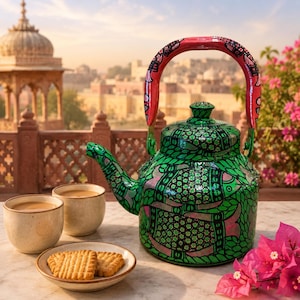 May include: A hand-painted metal teapot featuring a vibrant green base with black and pink fish-scale patterns and a solid pink handle. Two beige ceramic cups filled with tea and a small plate with two rectangular biscuits sit beside the teapot.
