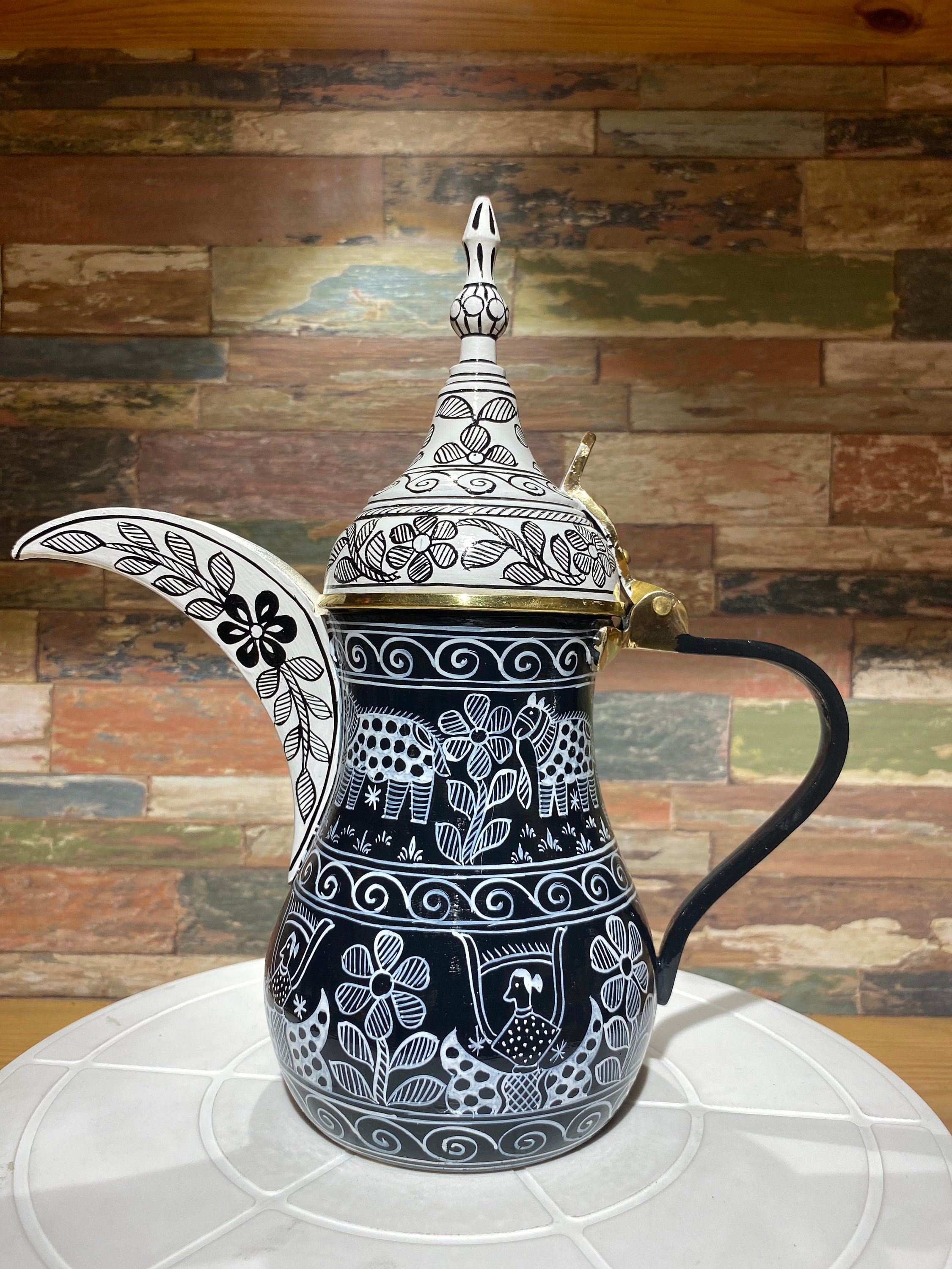 Hand Painted Brass Coffee Pot Set: Arabic Dallah, Kashmiri Kahwa