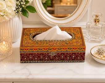 Hand Painted Mughal Art Tissue Box: Decorative Wooden Tissue Holder