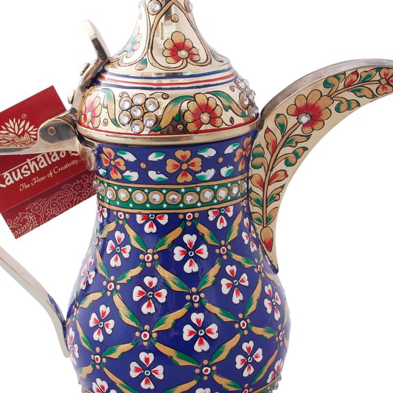 Hand Painted Brass Coffee Pot Arabic Dallah Coffee Pot, Arabian Décor,  Unique Gift Blue Gold With Crystals, Kahwa Tea Kettle, Ramadan Gift 