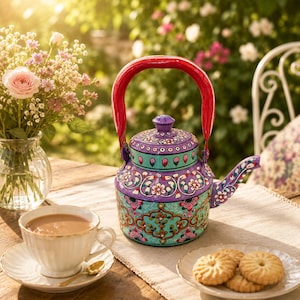 Puede incluir: Una tetera de metal pintada a mano con una base morada y turquesa con intrincados patrones florales en blanco, rosa y verde. La tetera tiene un asa arqueada de color rojo brillante y un pico a juego con motivos florales sobre una mesa.