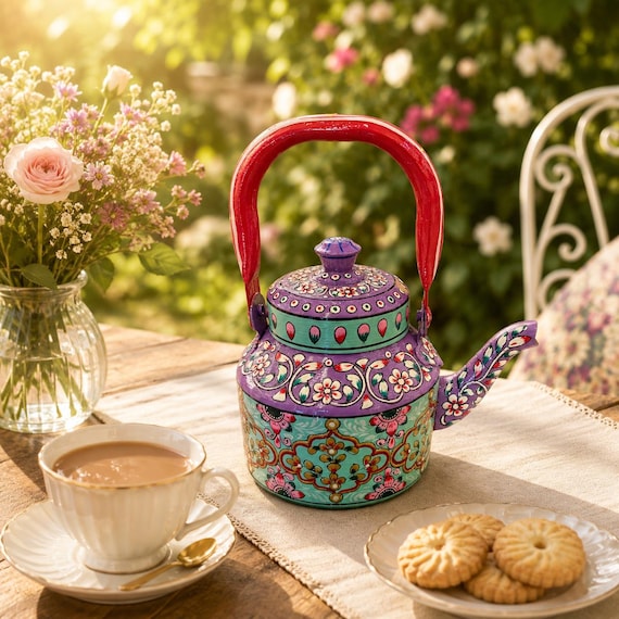 Handbemalte Teekanne aus Edelstahl | Mughal Kunst Induktionskessel | Weihnachtsgeschenk | Lila Teekessel