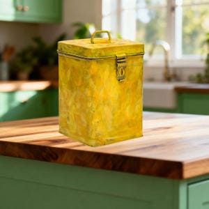 Lata de armazenamento em aço inoxidável pintada à mão, decoração de cozinha rústica e minimalista (amarelo ouro / verde sereno)