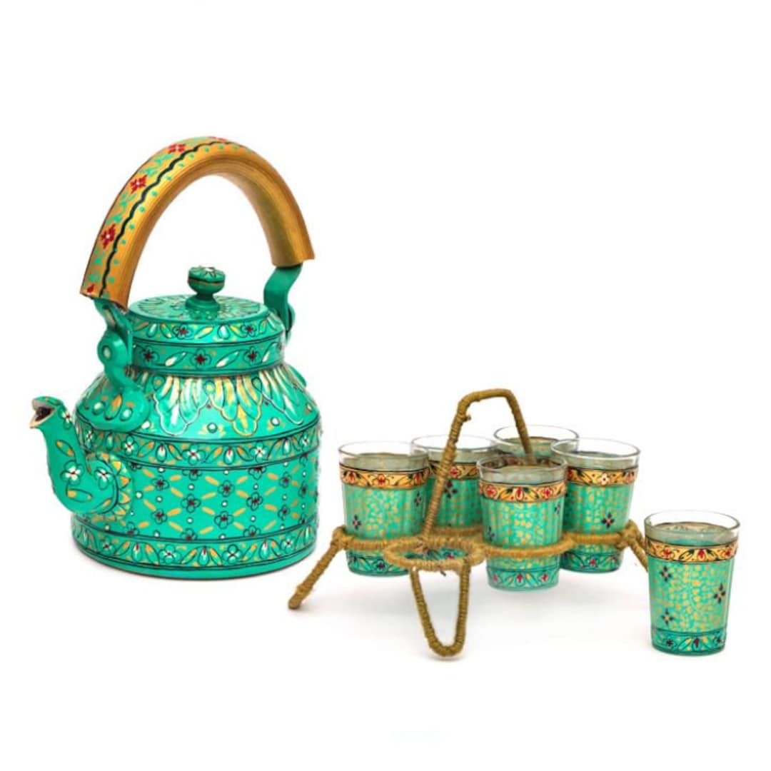 Kaushalam Hand Painted Tea Kettle Set With 6 Tea Glasses & Stand for