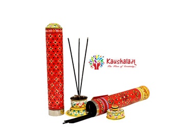Incense Stick Burner and Storage Box, Hand Painted, Set of 2, Incense burner Holder and Metal Stick Storage box, Puja Accessories