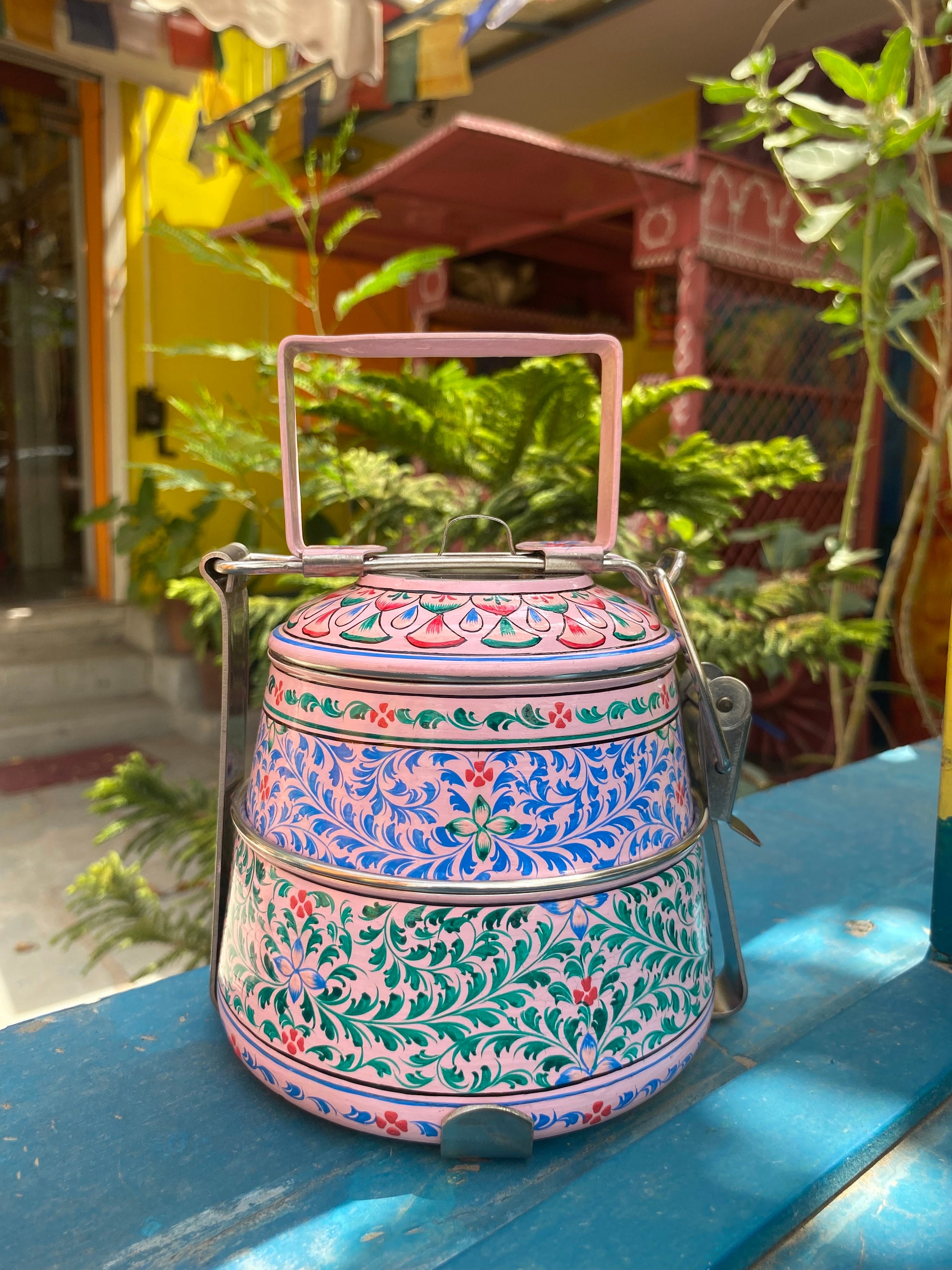 Hand Painted 2-tier Stainless Steel Tiffin Box: Mughal Art