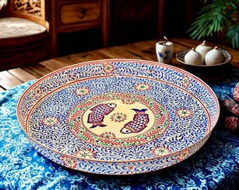 Hand Painted Stainless Steel Tray: Mughal Fish Design (13 Inch)