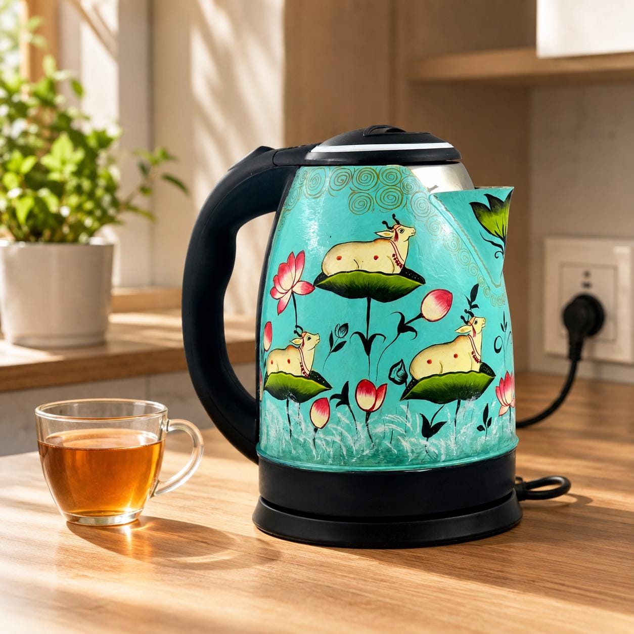 Hand Painted Electric Kettle: Kashmiri Art, Mughal Pichwai Design