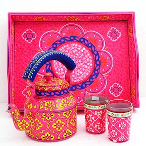 Hand painted Fuchsia Tea Set, Tea Kettle, Tray, 2 Tea Glasses, Gift for Her, A prefect Christmas gift, Housewarming gift, Mothers day Gift
