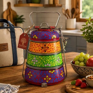 May include: A three-tiered metal tiffin lunch box featuring a vibrant hand-painted floral pattern in red, yellow, and green. The container has a silver metal handle and a locking mechanism, with a brown tag attached that reads Kaushalam.