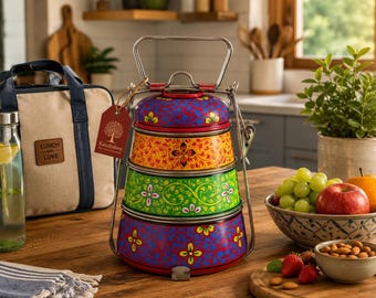 Hand Painted 3-Tier Tiffin Box: Indian Lunch Carrier with Mughal Design