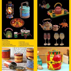 May include: A collection of hand-painted metalware items, including a lantern, a tiered lunchbox, a teapot, a milk jug, and a set of glasses. The items are decorated with colorful floral and geometric patterns. The text "What we Offer" is visible in the image, along with a list of services offered by the artist.