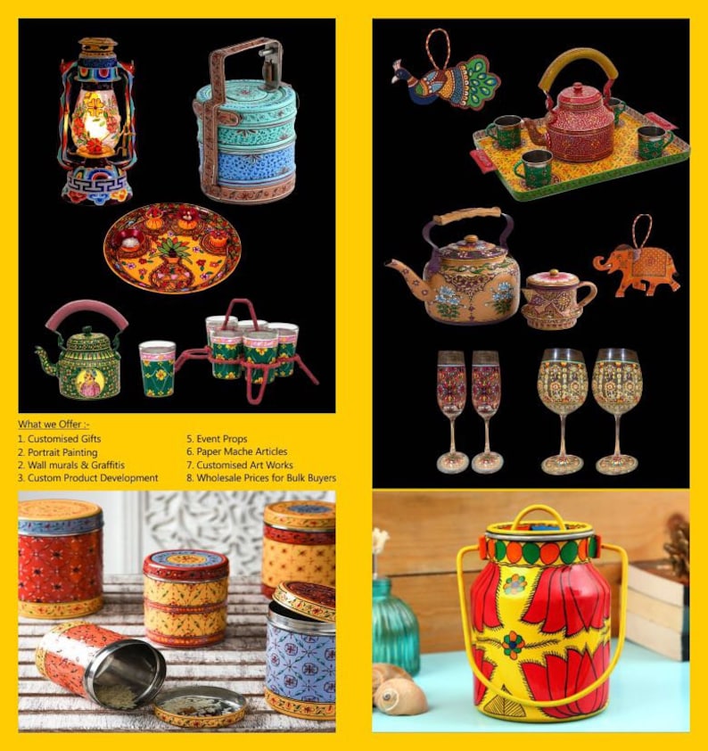 May include: A collection of hand-painted metalware items, including a lantern, a tiered lunchbox, a teapot, a milk jug, and a set of glasses. The items are decorated with colorful floral and geometric patterns. The text "What we Offer" is visible in the image, along with a list of services offered by the artist.