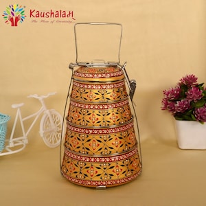 Hand Painted Stainless Steel Tiffin: 4-Tier Indian Lunch Box